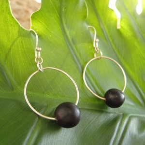 Fiesta Earrings recycled sterling silver hoops with black patacon seed, circle earrings, black earrings, Wood Earrings, Silver Earrings image 1