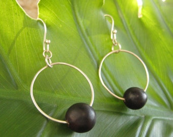 Fiesta Earrings - recycled sterling silver hoops with black patacon seed, circle earrings, black earrings, Wood Earrings, Silver Earrings