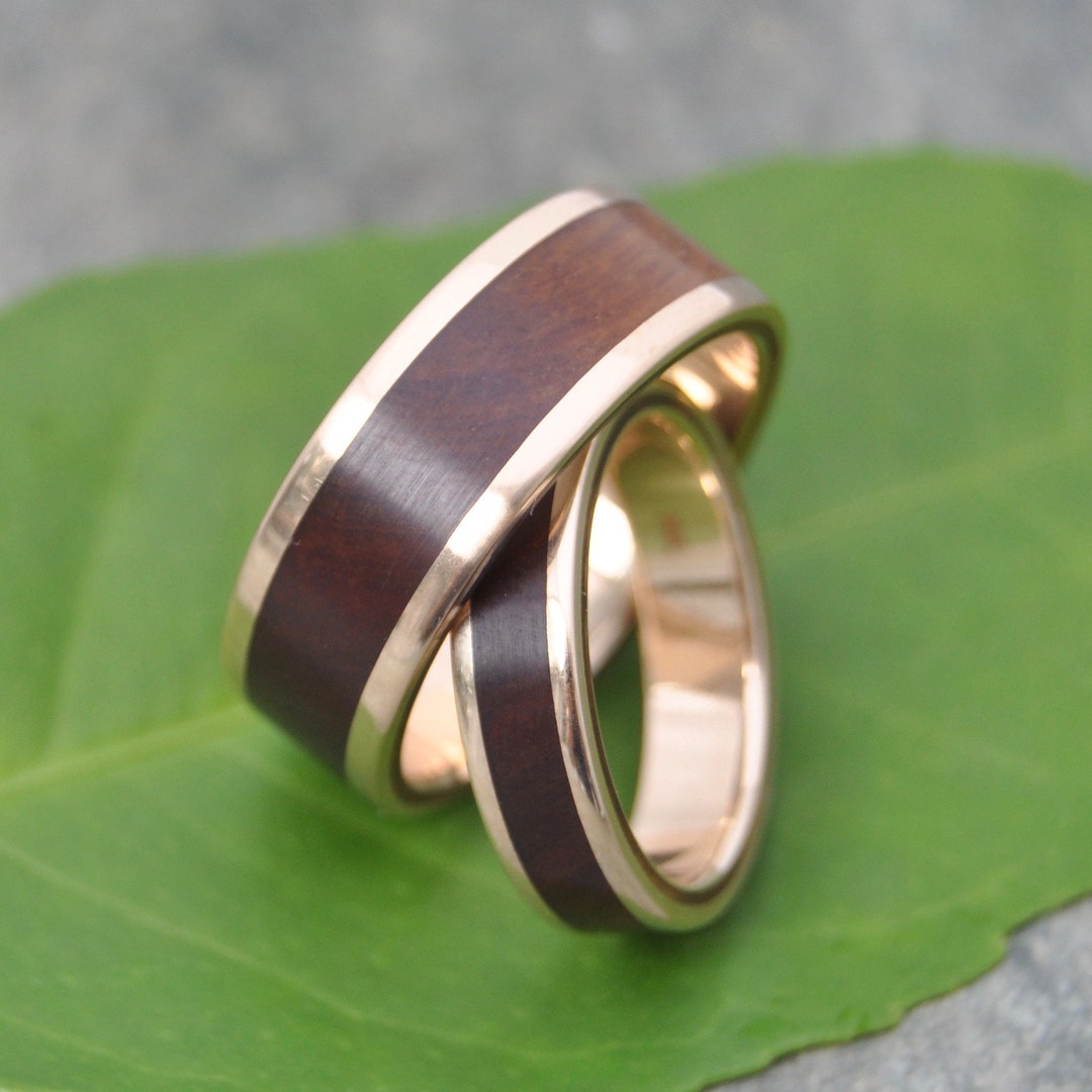 Yellow Gold Wedding Ring, Wood Wedding Band, Wooden Ring, Guayacán Wood