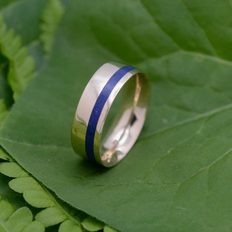 Equinox Yellow Gold and Lapis Lazuli Stone Ring, Comfort Fit Gold Ring, Blue Stone Wedding Ring, Mens Wedding Band, Ecofriendly Wedding Ring image 6