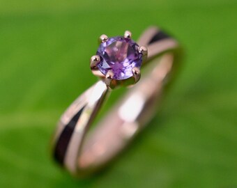 Custom Wood Engagement Ring with Amethyst Solitaire, Rose Gold