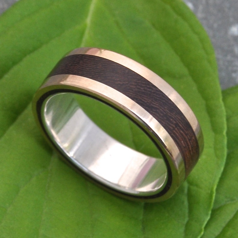 Yellow Gold Wood Ring Lados Nacascolo ecofriendly wood wedding band, 14k yellow gold exterior with sterling interior image 6