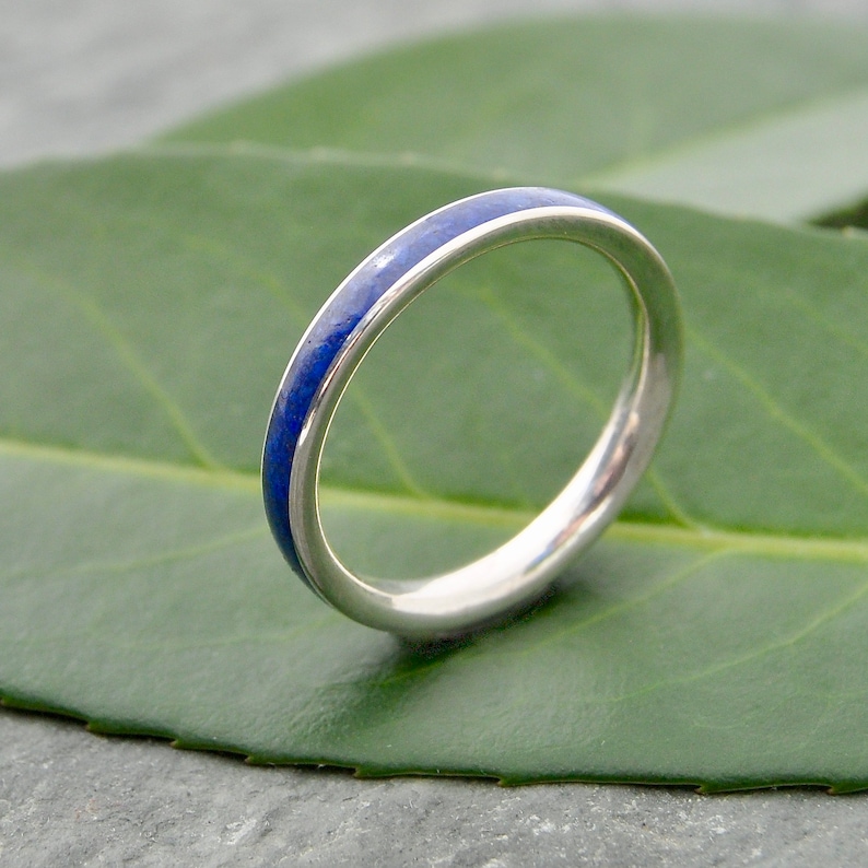 Siempre Lapis Lazuli White Gold Wedding Band, Lapiz Lazuli Ring, White Gold Stone Wood Wedding Ring, Wooden Ring, Stone Inlay Ring image 4