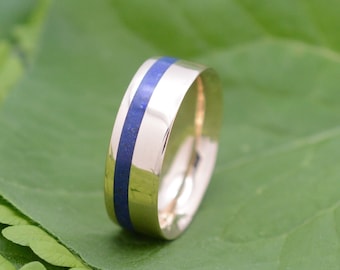 Equinox Yellow Gold and Lapis Lazuli Stone Ring, Comfort Fit Gold Ring, Blue Stone Wedding Ring, Mens Wedding Band, Ecofriendly Wedding Ring