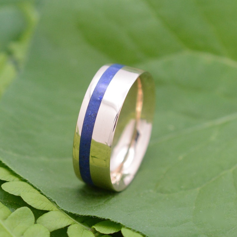 Equinox Yellow Gold and Lapis Lazuli Stone Ring, Comfort Fit Gold Ring, Blue Stone Wedding Ring, Mens Wedding Band, Ecofriendly Wedding Ring image 1