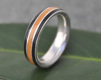 Wood Ring, Black Wedding Ring, Wood Inlay Ring, Black Wood Wedding Ring, Sterling Silver Wood Ring, Mens Wood Wedding Band, Anniversary Ring