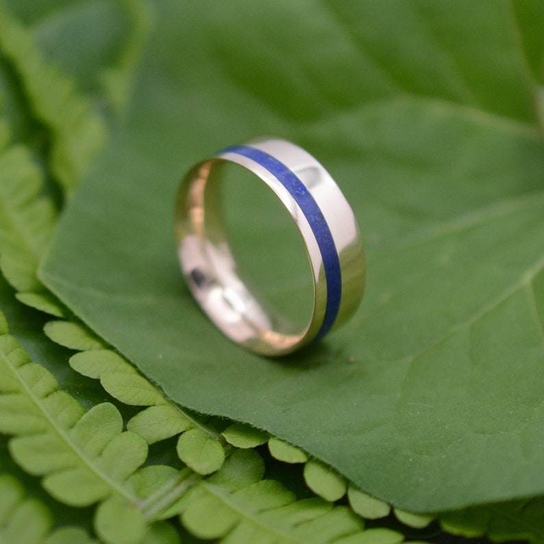Equinox Yellow Gold and Lapis Lazuli Stone Ring, Comfort Fit Gold Ring, Blue Stone Wedding Ring, Mens Wedding Band, Ecofriendly Wedding Ring image 3