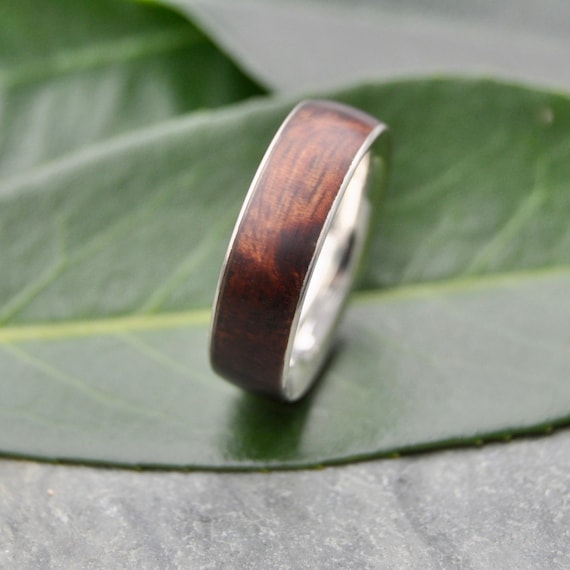 Koa Wood Wedding Ring Set with White Gold