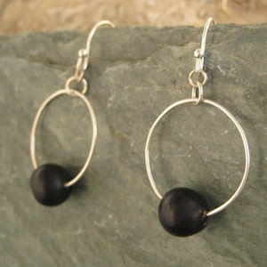 Fiesta Earrings recycled sterling silver hoops with black patacon seed, circle earrings, black earrings, Wood Earrings, Silver Earrings image 3