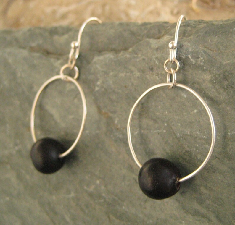 Fiesta Earrings recycled sterling silver hoops with black patacon seed, circle earrings, black earrings, Wood Earrings, Silver Earrings image 3