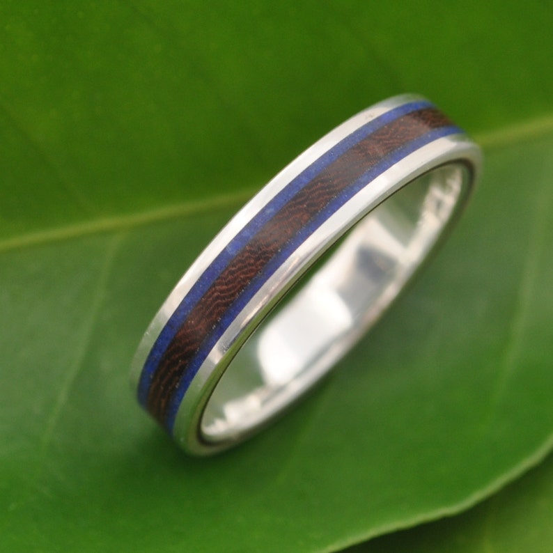 Lapiz Lazuli Wood and Silver Ring, Stone Lazuli Silver and Wood Wedding Ring, Stone Lazuli Silver and Wood Wedding Band image 5