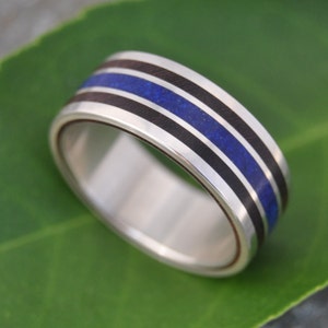 Lapis Lazuli Stone and Wood Ring - Meridian Lapis Coyol - recycled sterling silver ecofriendly wood wedding band, wooden wedding ring,