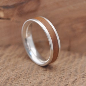 Lados Wood Sterling Silver Wedding Band, Silver Wood Inlay Ring, Mens Wedding Band, Custom Wood Ring