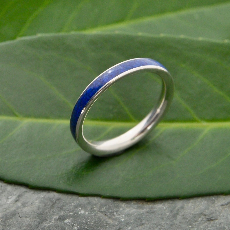Siempre Lapis Lazuli White Gold Wedding Band, Lapiz Lazuli Ring, White Gold Stone Wood Wedding Ring, Wooden Ring, Stone Inlay Ring image 8