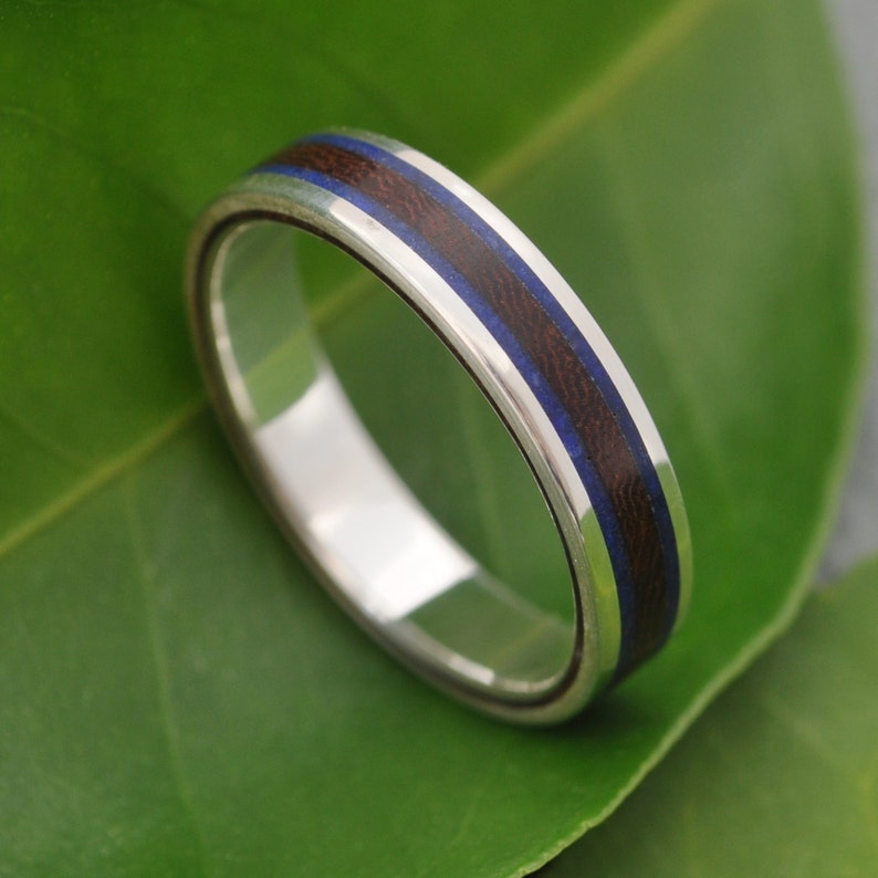 Lapiz Lazuli Wood and Silver Ring, Stone Lazuli Silver and Wood Wedding Ring, Stone Lazuli Silver and Wood Wedding Band image 7