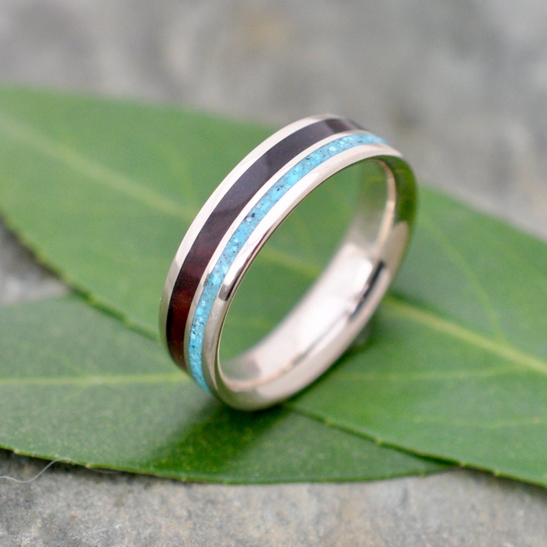 Yellow Gold Wedding, Turquoise StoneRing, Koa Wood Ring, Wood Wedding Ring, Custom Ring, Mens Ring image 7