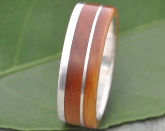 Wooden Ring with Sterling Silver, Lignum Vitae Wood, Mens Wood Ring, Womens Wood Ring, Wood Inlay Wedding Band, Eco-Friendly Wood Ring