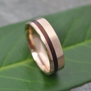 Yellow Gold Wood Inlay Ring, Equinox Cocobolo, Comfort Fit Wood Ring, Mens Wood Wedding Band, Gold and Wood Wedding Ring