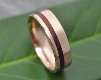 Yellow Gold Wood Inlay Ring, Equinox Cocobolo, Comfort Fit Wood Ring, Mens Wood Wedding Band, Gold and Wood Wedding Ring