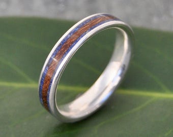 Lapiz Lazuli & Wood Inlay Ring, Wedding Band with Recycled Sterling Silver Edges