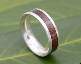 White Gold Lados Walnut Wood Ring, Ecofriendly White Gold Wood Wedding Band, 14k White Gold Wood Wedding Ring, Mens Gold Wood Ring