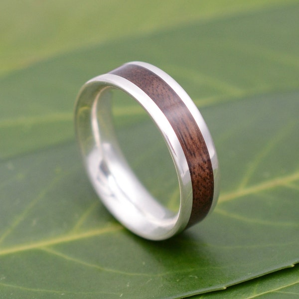 White Gold Lados Walnut Wood Ring, Ecofriendly White Gold Wood Wedding Band, 14k White Gold Wood Wedding Ring, Mens Gold Wood Ring