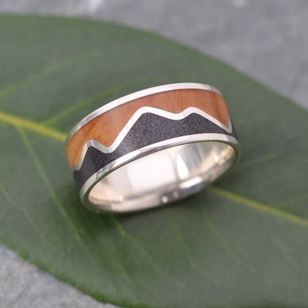 Mountain Range Wood Ring, Male Custom Ring, Mountain Inlay Ring, Custom Wood Ring, Volcanic Titanium Sand Ring, Mens Wedding Band