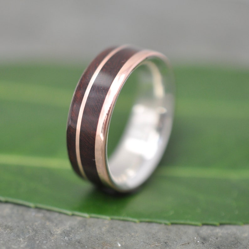 Un Lado Asi Rose Gold Wood Wedding Ring,Rose Gold Wooden Wedding Band, Wood Inlay Wedding Ring, Rose Gold and Silver image 5