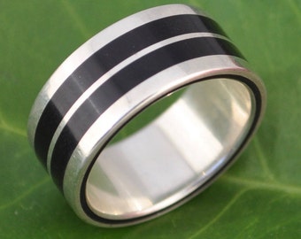 Black Wood Ring, Wood Inlay Wedding Band, Eco-Friendly Wedding Band, Mens Wooden Ring, Sterling Silver and Wood Ring, Wood and Silver Ring