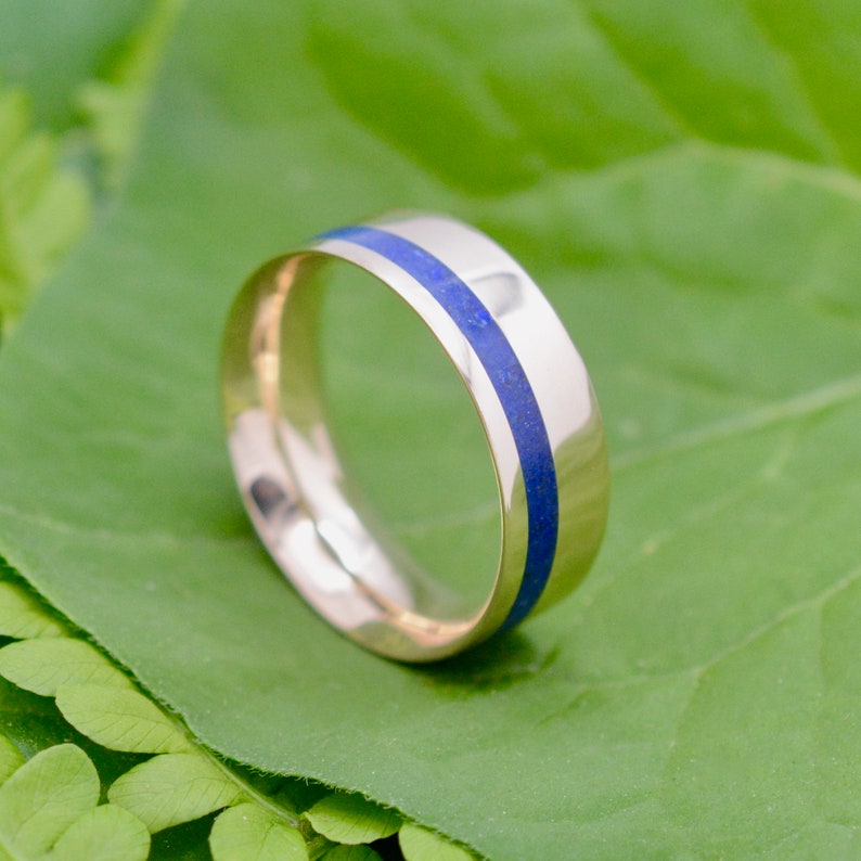 Equinox Yellow Gold and Lapis Lazuli Stone Ring, Comfort Fit Gold Ring, Blue Stone Wedding Ring, Mens Wedding Band, Ecofriendly Wedding Ring image 9