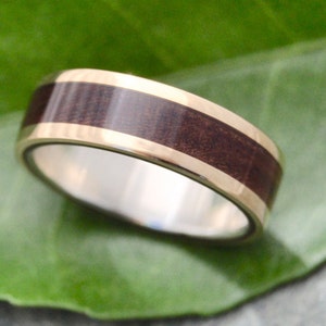 Yellow Gold Wood Ring Lados Nacascolo ecofriendly wood wedding band, 14k yellow gold exterior with sterling interior image 3