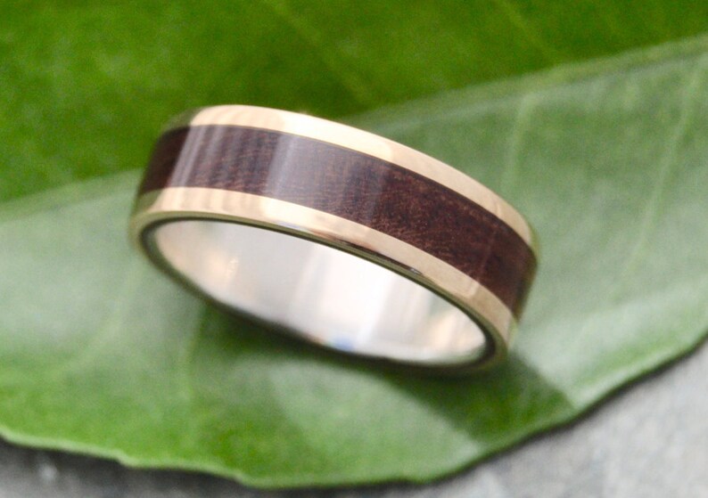 Yellow Gold Wood Ring Lados Nacascolo ecofriendly wood wedding band, 14k yellow gold exterior with sterling interior image 3