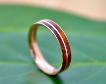 Gelbgold Holz Ehering, Asi Ñambaro Holzring, Cocobolo Recycling Gold Holzring, Herrenring aus Holz, Comfort Fit Holzring