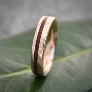 Equinox Lignum Vitae Yellow Gold Ring, Guayacan Wood Inlay Ring, Yellow Gold Weding Ring, Mens Wedding Band, Woman Gold Wood Wedding Band