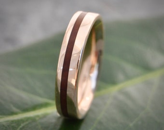 Equinox Lignum Vitae Yellow Gold Ring, Guayacan Wood Inlay Ring, Yellow Gold Weding Ring, Mens Wedding Band, Woman Gold Wood Wedding Band