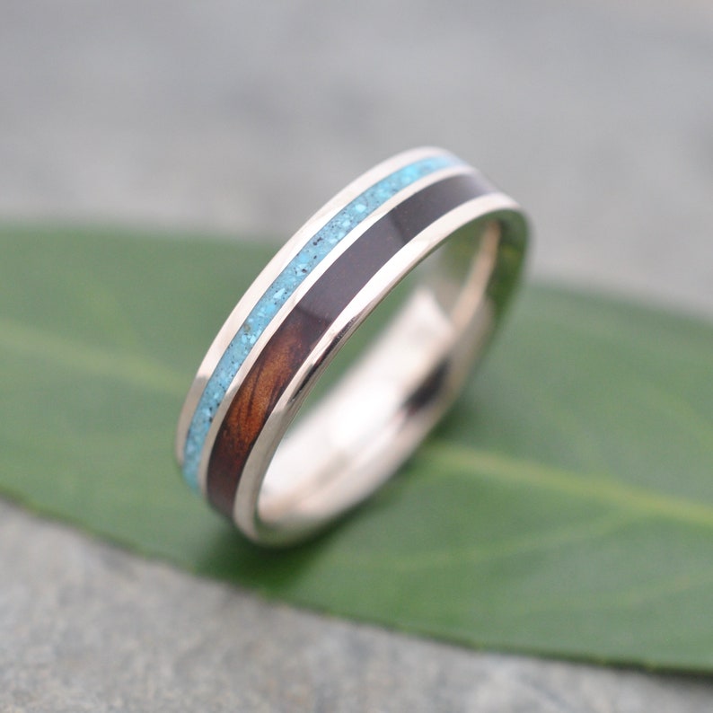 Yellow Gold Wedding, Turquoise StoneRing, Koa Wood Ring, Wood Wedding Ring, Custom Ring, Mens Ring image 4