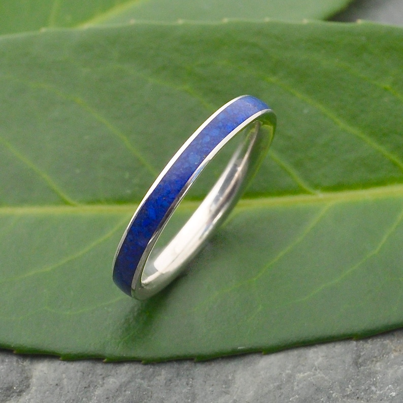 Siempre Lapis Lazuli White Gold Wedding Band, Lapiz Lazuli Ring, White Gold Stone Wood Wedding Ring, Wooden Ring, Stone Inlay Ring image 1