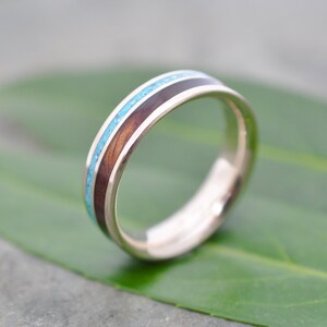 Yellow Gold Wedding, Turquoise StoneRing, Koa Wood Ring, Wood Wedding Ring, Custom Ring, Mens Ring image 2
