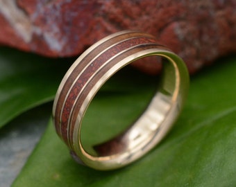 Meridian Yellow Gold Ring with Red Jasper and Bourbon Barrel Wood, Mens Rings, Wood Inlay Ring, Wood Wedding Ring, Custom Ring