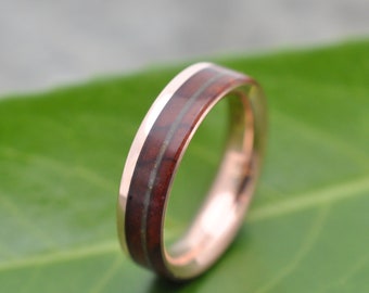 Yellow Gold Un Lado Asi Jade and Koa Wedding Ring, 14k Recycled Gold Wood Wedding Band, Gold Wood Wedding Ring Wood Wedding Band