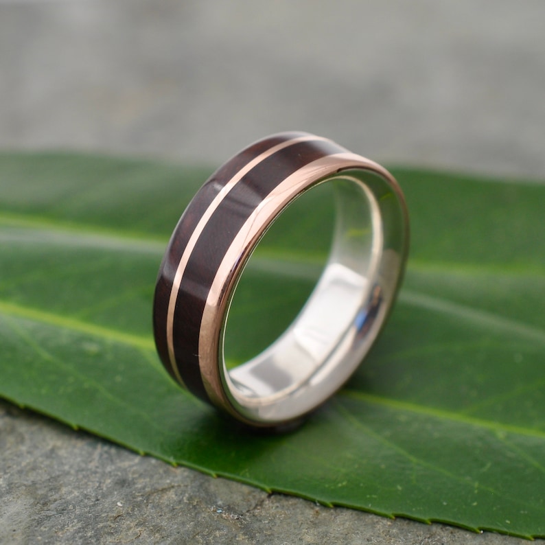 Un Lado Asi Rose Gold Wood Wedding Ring,Rose Gold Wooden Wedding Band, Wood Inlay Wedding Ring, Rose Gold and Silver image 6