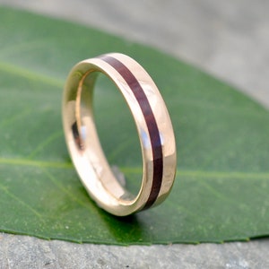 Yellow Gold Wood Inlay Ring, Equinox Guapinol, Comfort Fit Wood Ring, Mens Wood Wedding Band, Gold and Wood Wedding Ring