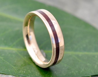 Yellow Gold Wood Inlay Ring, Equinox Guapinol, Comfort Fit Wood Ring, Mens Wood Wedding Band, Gold and Wood Wedding Ring