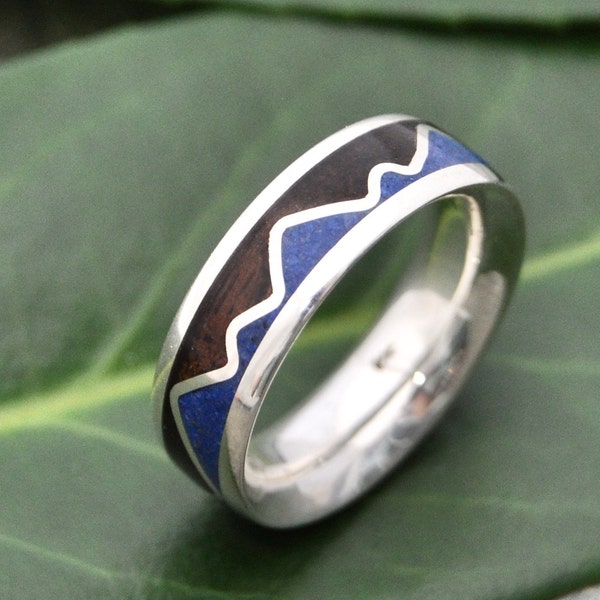 Lapis Lazuli Gebirgskette Lapis Holzring, Lapis Lazuli Bergkette Inlay Ring, kundenspezifischer Holzring, Royal Blue Mountain Ring