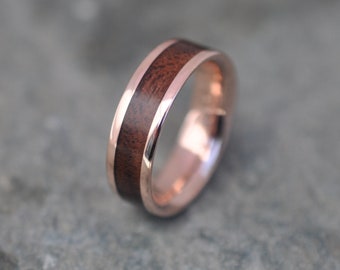 Rose Gold Ring, Lados Walnut Wood Ring, Red Gold Ring Wood Wedding Band, 14k Red Gold Wedding Ring, Mens Gold Ring, Wood Ring, Custom Ring