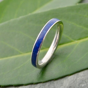 Siempre Lapis Lazuli White Gold Wedding Band, Lapiz Lazuli Ring, White Gold Stone Wood Wedding Ring, Wooden Ring, Stone Inlay Ring image 3