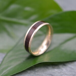 May include: A gold wedding band with a dark brown wood inlay. The ring is set against a green leaf, showcasing the contrast between the warm gold and the rich wood grain. The band has a smooth, polished finish.