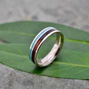 Yellow Gold Wedding, Turquoise StoneRing, Koa Wood Ring, Wood Wedding Ring, Custom Ring, Mens Ring image 1