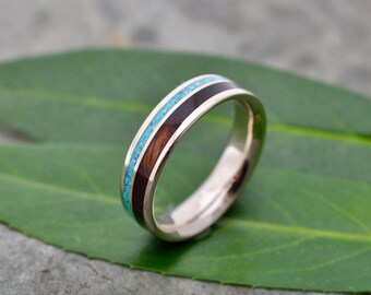 Yellow Gold Wedding, Turquoise StoneRing, Koa Wood Ring, Wood Wedding Ring, Custom Ring, Mens Ring