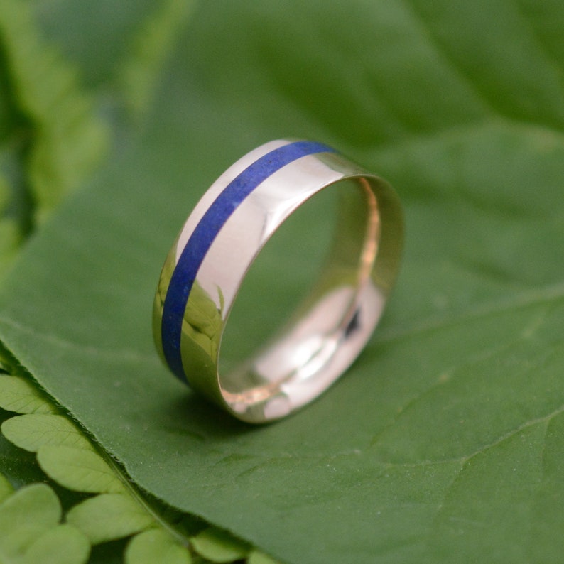 Equinox Yellow Gold and Lapis Lazuli Stone Ring, Comfort Fit Gold Ring, Blue Stone Wedding Ring, Mens Wedding Band, Ecofriendly Wedding Ring image 8